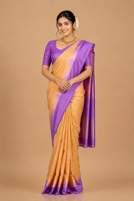 ZARTARI Handwoven Paithani Silk Saree – Golden Beige & Lavender Purple with Traditional Woven Border