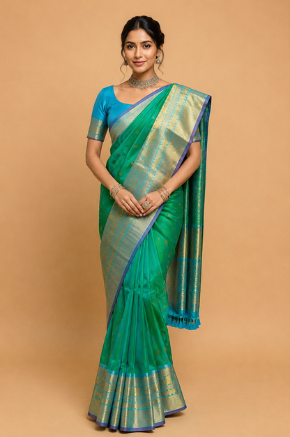 ZARTARI Handwoven Paithani Silk Saree – Emerald Green & Sky Blue with Traditional Zari Woven Border