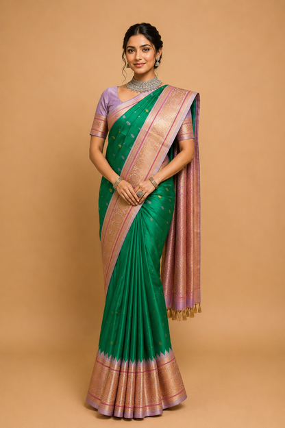 ZARTARI Handwoven Paithani Silk Saree – Emerald Green & Lilac Pink with Floral Zari Border