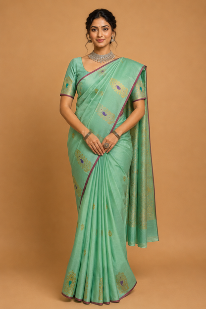 ZARTARI Handwoven Paithani Silk Saree – Mint Green with Purple Peacock Motifs & Rich Woven Pallu