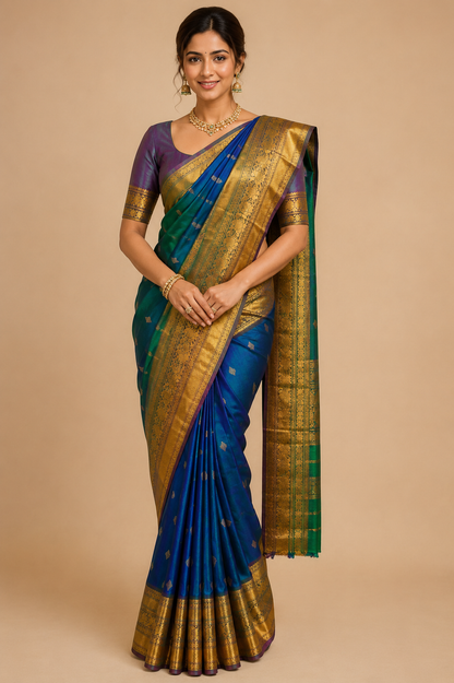 ZARTARI Handwoven Paithani Silk Saree – Royal Blue & Emerald Green with Antique Gold Zari Border