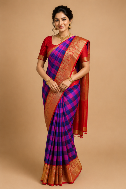 ZARTARI Handwoven Paithani Silk Saree – Royal Purple Checks with Red Zari Border & Rich Traditional Pallu