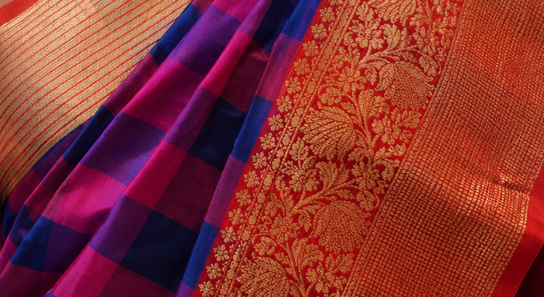 ZARTARI Handwoven Paithani Silk Saree – Royal Purple Checks with Red Zari Border & Rich Traditional Pallu