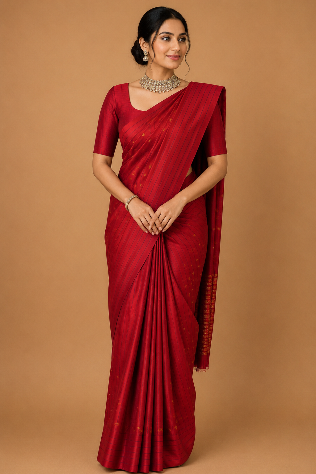 Zartari Handwoven Kanjivaram Silk Saree | Classic Red with Gold Zari Butti & Pinstripe Weave | Traditional Wedding Silk Saree