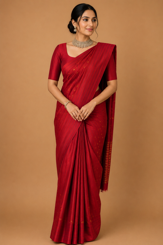 Zartari Handwoven Kanjivaram Silk Saree | Classic Red with Gold Zari Butti & Pinstripe Weave | Traditional Wedding Silk Saree