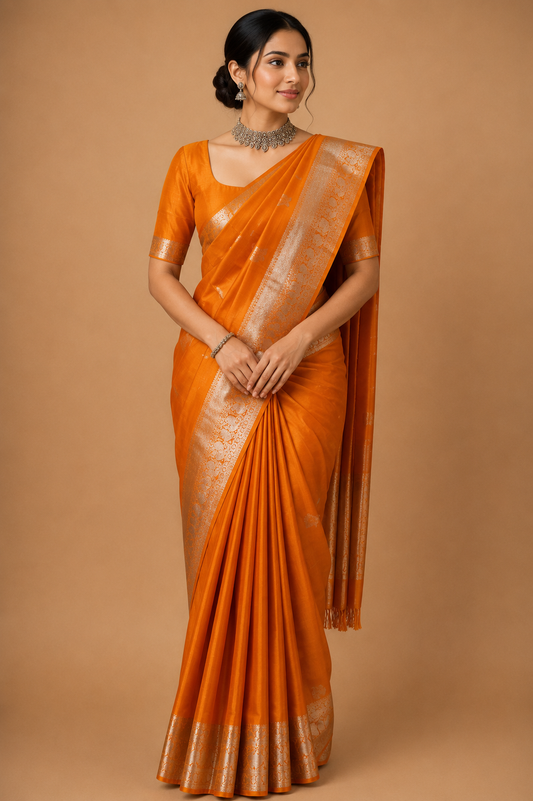 Zartari Handwoven Kanjivaram Silk Saree | Rust Orange with Rich Gold Zari Border | Traditional Wedding Silk Saree