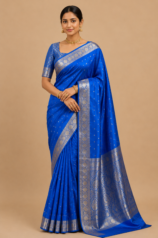 Zartari Handwoven Banarasi Silk Saree in Royal Blue with Antique Gold Zari Weaving