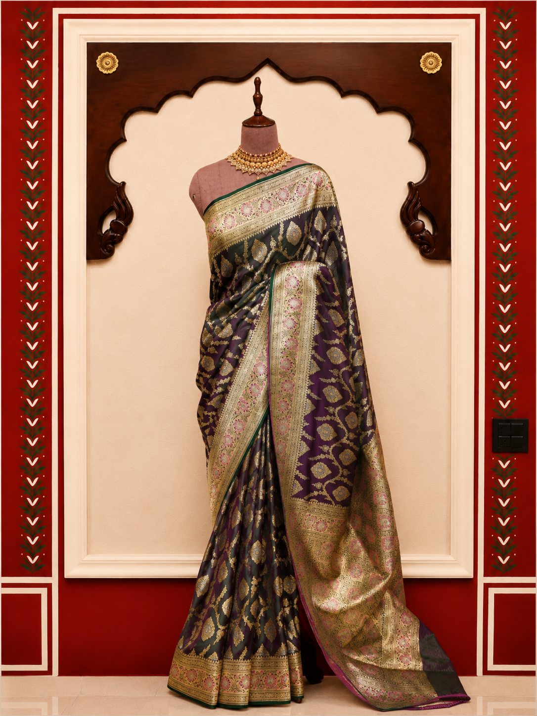Zartari Handwoven Banarasi Silk Saree in Deep Plum Purple with Antique Gold Zari Weaving