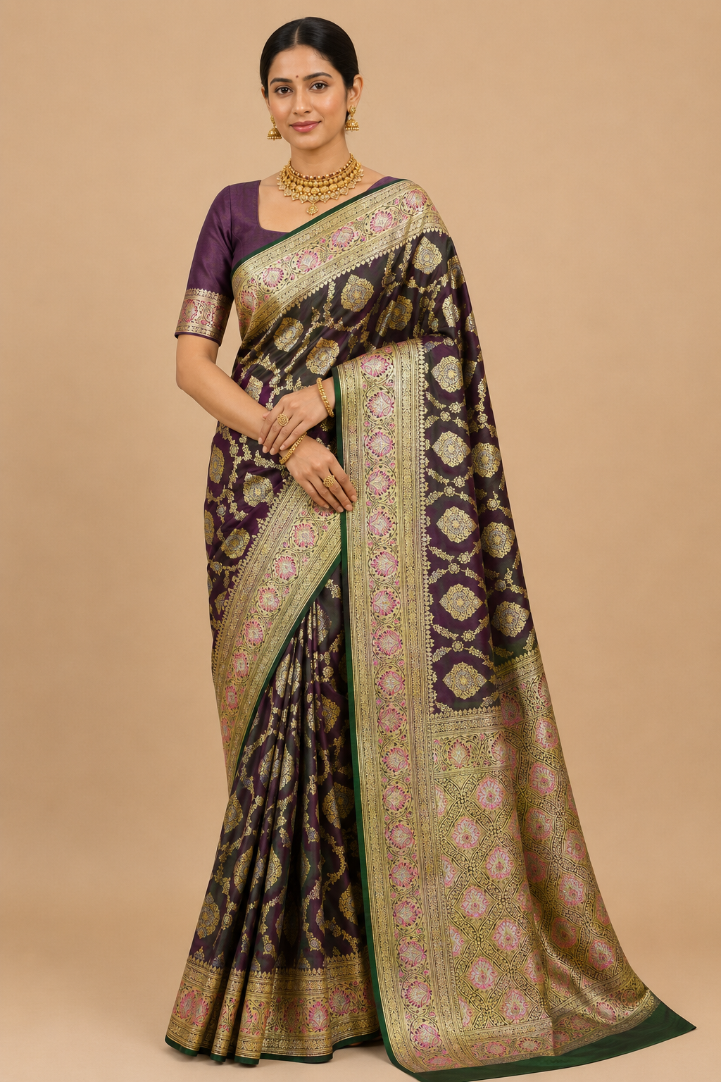 Zartari Handwoven Banarasi Silk Saree in Deep Plum Purple with Antique Gold Zari Weaving