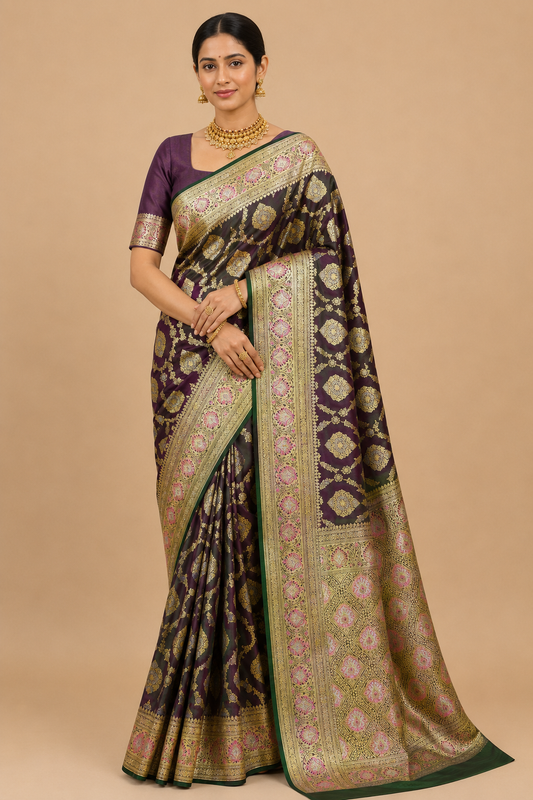 Zartari Handwoven Banarasi Silk Saree in Deep Plum Purple with Antique Gold Zari Weaving