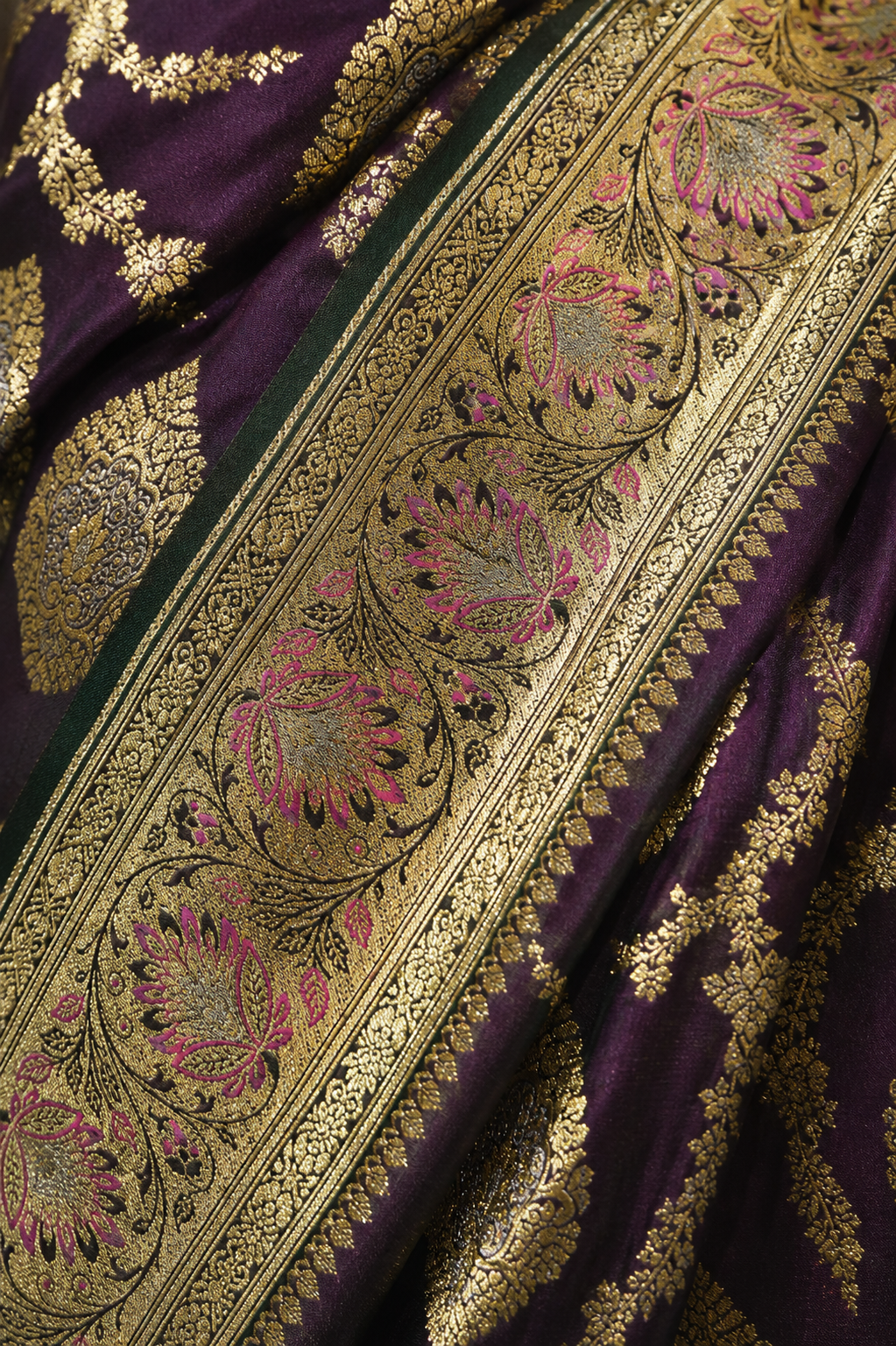 Zartari Handwoven Banarasi Silk Saree in Deep Plum Purple with Antique Gold Zari Weaving