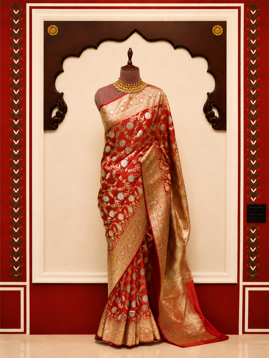 Zartari Handwoven Banarasi Silk Saree in Vermilion Red with Antique Gold & Silver Zari Weaving
