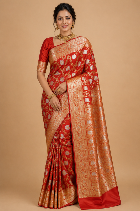 Zartari Handwoven Banarasi Silk Saree in Vermilion Red with Antique Gold & Silver Zari Weaving