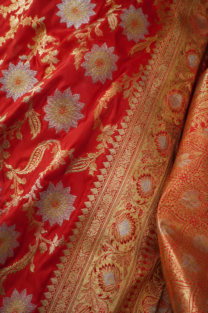 Banarasi Silk Saree in Vermilion Red with Antique Gold & Silver Zari Weaving
