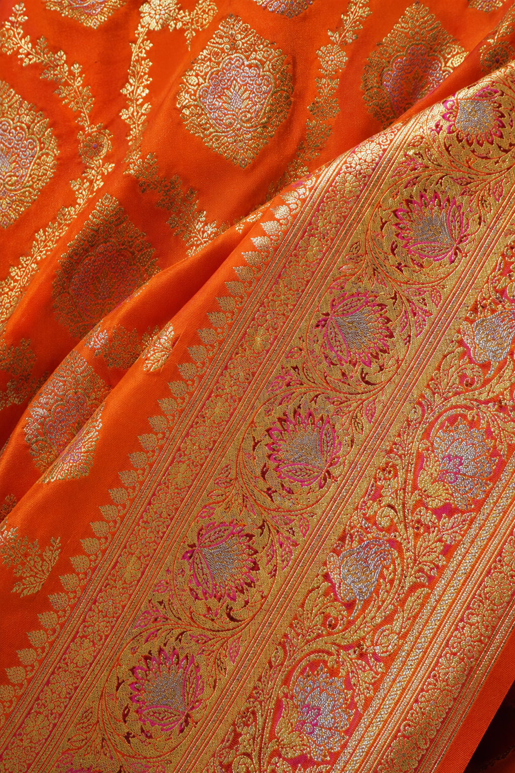 Zartari Handwoven Banarasi Silk Saree in Saffron Orange with Antique Gold & Pink Meenakari Zari Weaving