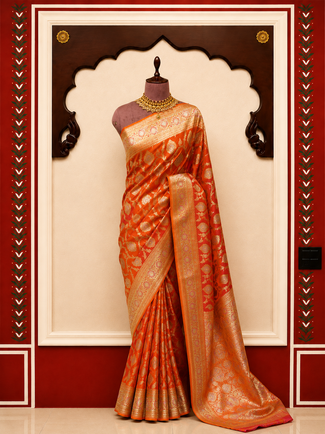 Zartari Handwoven Banarasi Silk Saree in Saffron Orange with Antique Gold & Pink Meenakari Zari Weaving