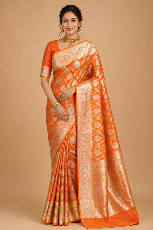 Zartari Handwoven Banarasi Silk Saree in Saffron Orange with Antique Gold & Pink Meenakari Zari Weaving