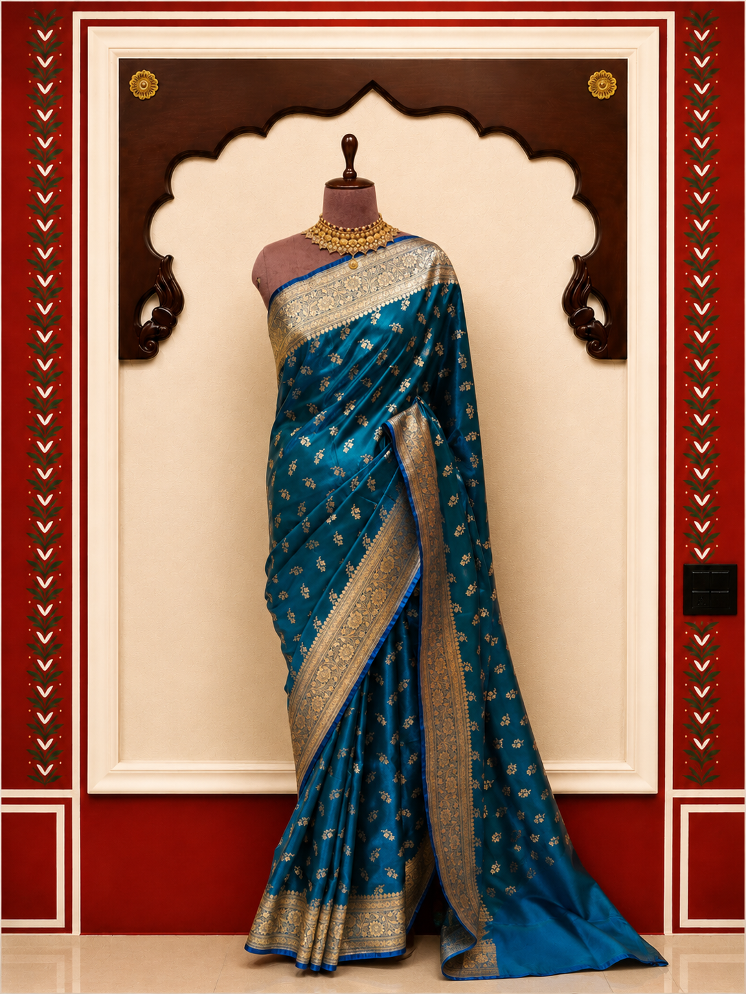 Zartari Handwoven Banarasi Silk Saree in Peacock Blue with Antique Gold Zari Weaving