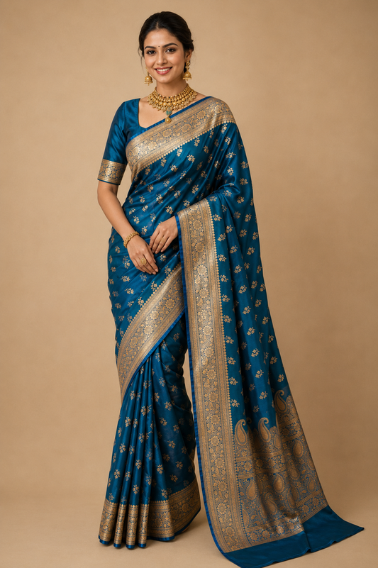 Zartari Handwoven Banarasi Silk Saree in Peacock Blue with Antique Gold Zari Weaving