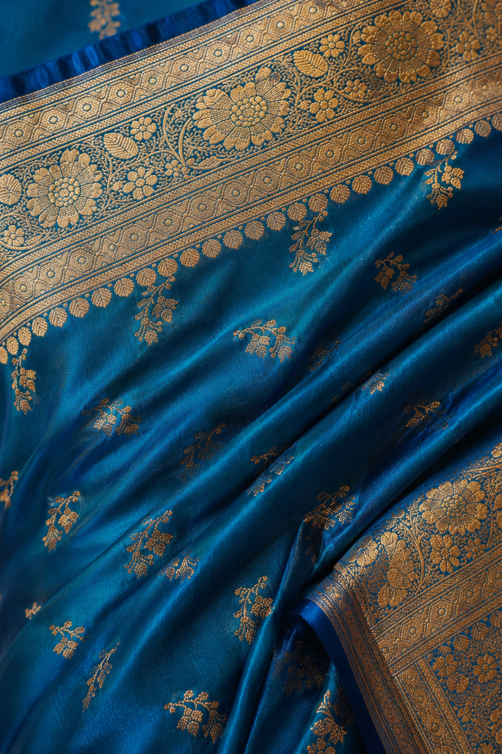 Zartari Handwoven Banarasi Silk Saree in Peacock Blue with Antique Gold Zari Weaving