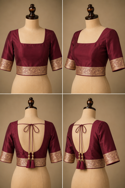 Banarasi Silk Saree in Deep Burgundy Wine with Antique Gold Zari Jaal Weaving
