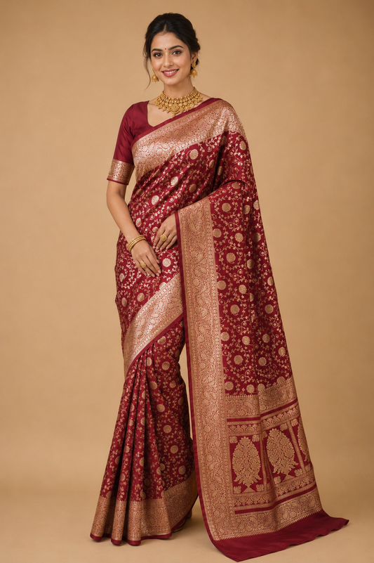 Zartari Handwoven Banarasi Silk Saree in Deep Burgundy Wine with Antique Gold Zari Jaal Weaving