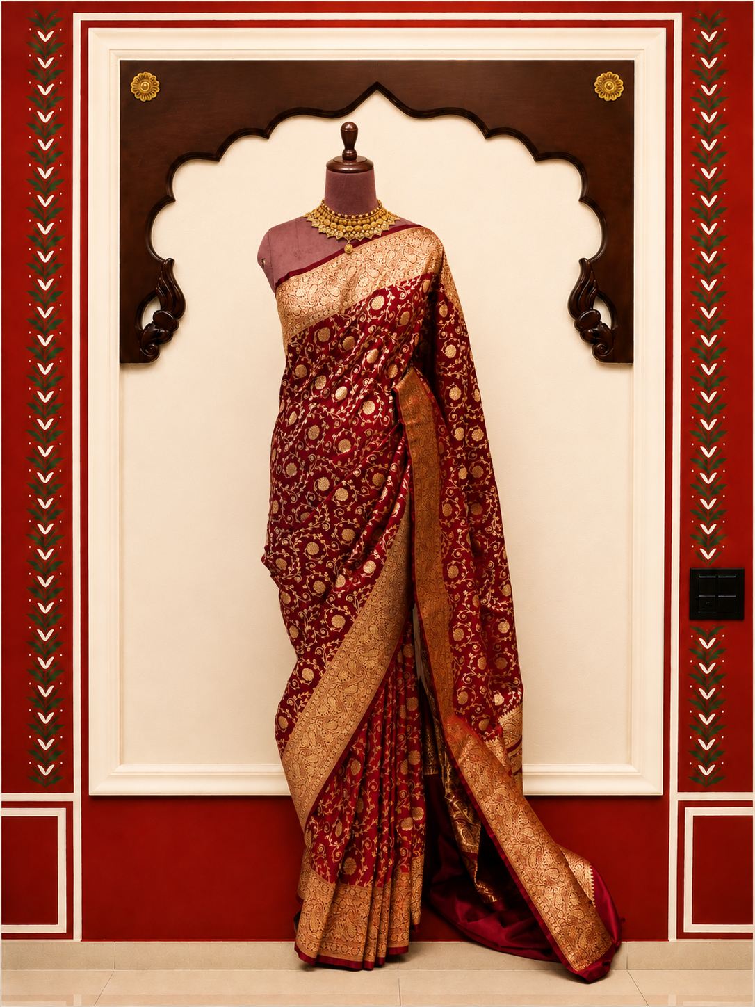 Zartari Handwoven Banarasi Silk Saree in Deep Burgundy Wine with Antique Gold Zari Jaal Weaving