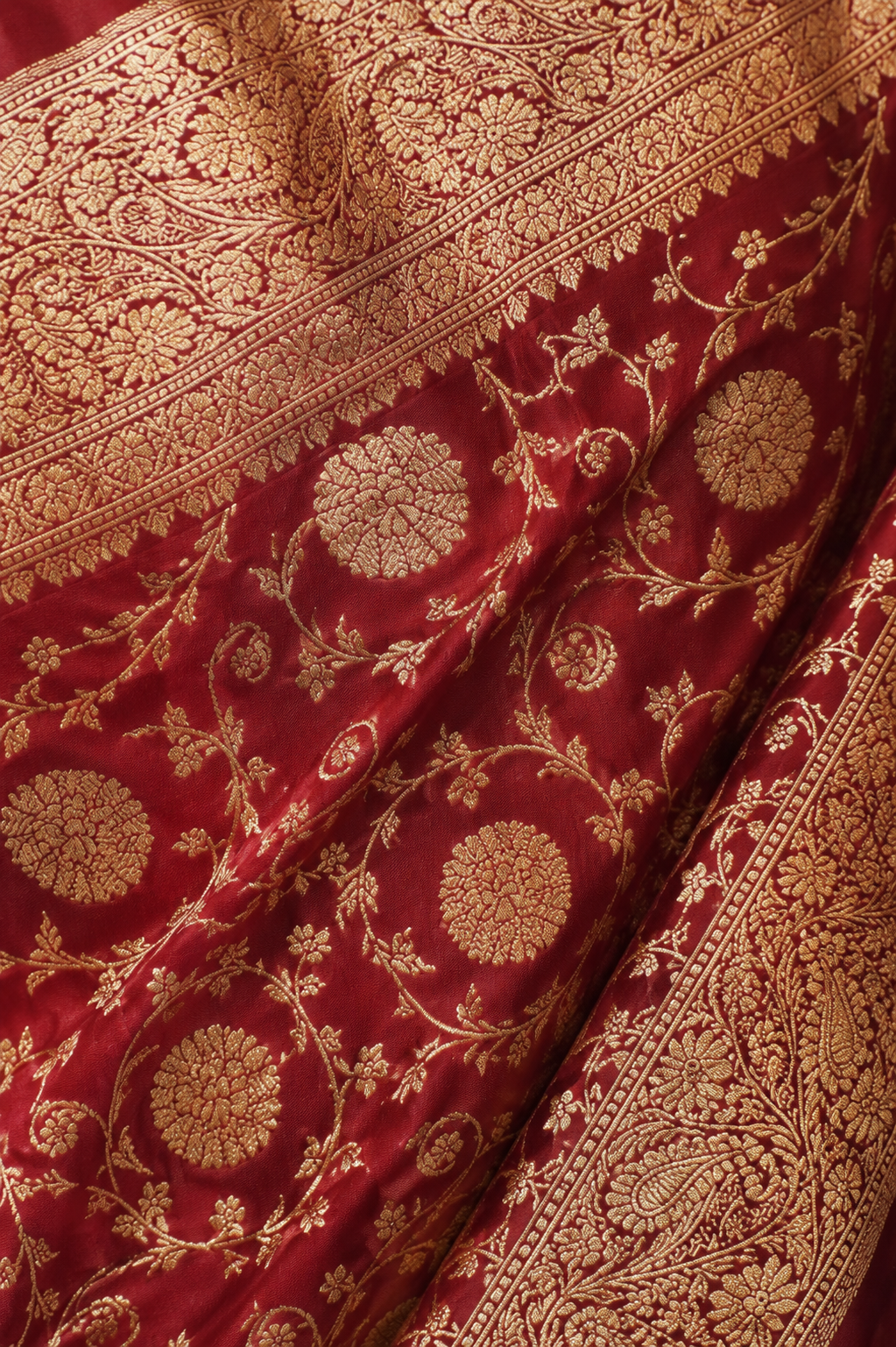Zartari Handwoven Banarasi Silk Saree in Deep Burgundy Wine with Antique Gold Zari Jaal Weaving