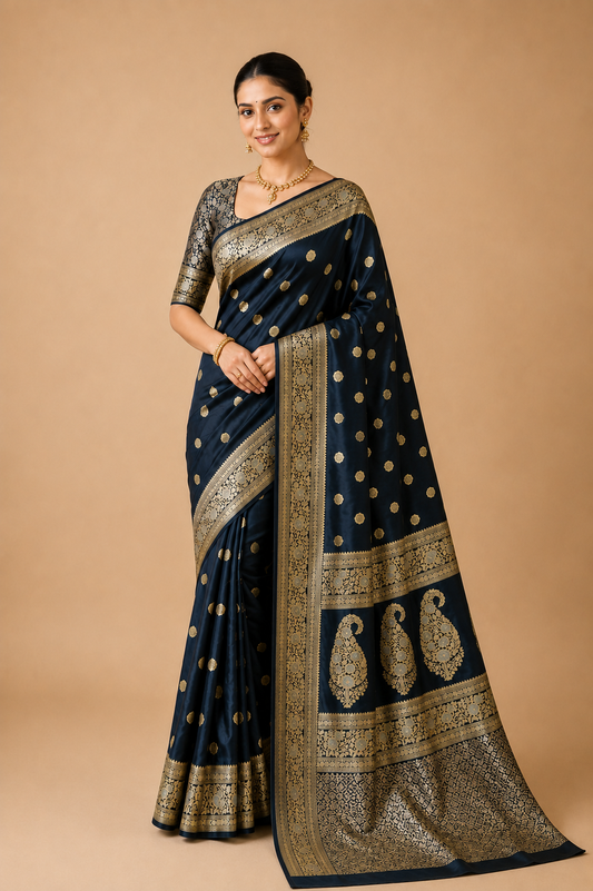Zartari Handwoven Banarasi Silk Saree in Midnight Blue with Antique Gold Zari Weaving