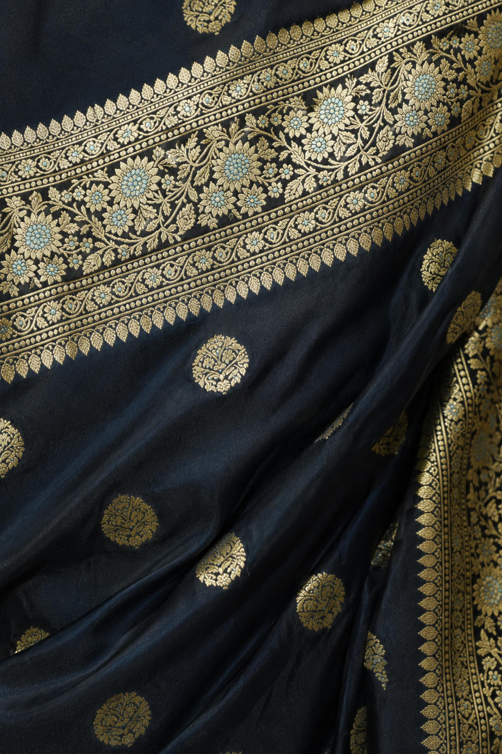 Zartari Handwoven Banarasi Silk Saree in Midnight Blue with Antique Gold Zari Weaving