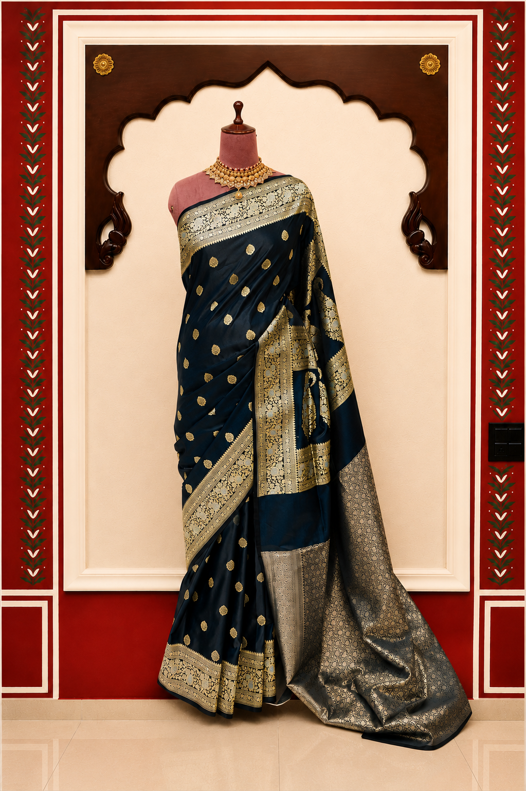 Zartari Handwoven Banarasi Silk Saree in Midnight Blue with Antique Gold Zari Weaving