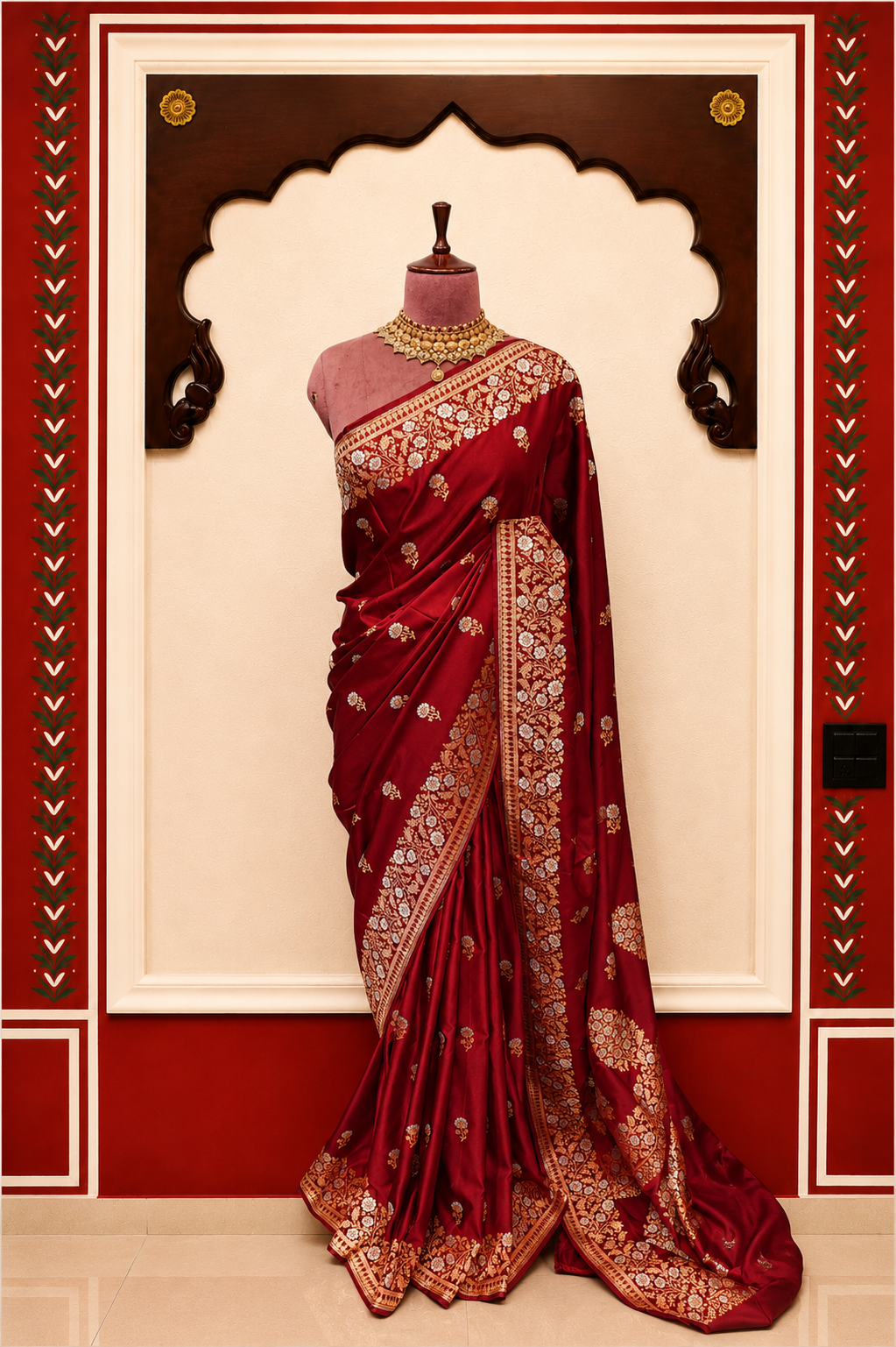 Zartari Handwoven Banarasi Silk Saree in Deep Maroon with Antique Gold Zari Weaving | Luxury Wedding Saree