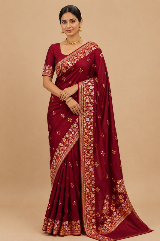 Zartari Handwoven Banarasi Silk Saree in Deep Maroon with Antique Gold Zari Weaving | Luxury Wedding Saree