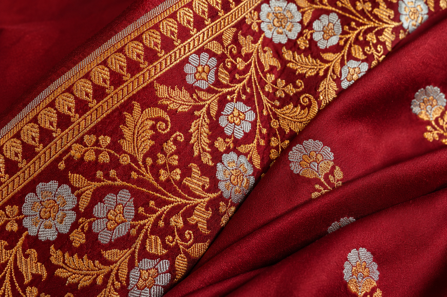Zartari Handwoven Banarasi Silk Saree in Deep Maroon with Antique Gold Zari Weaving | Luxury Wedding Saree