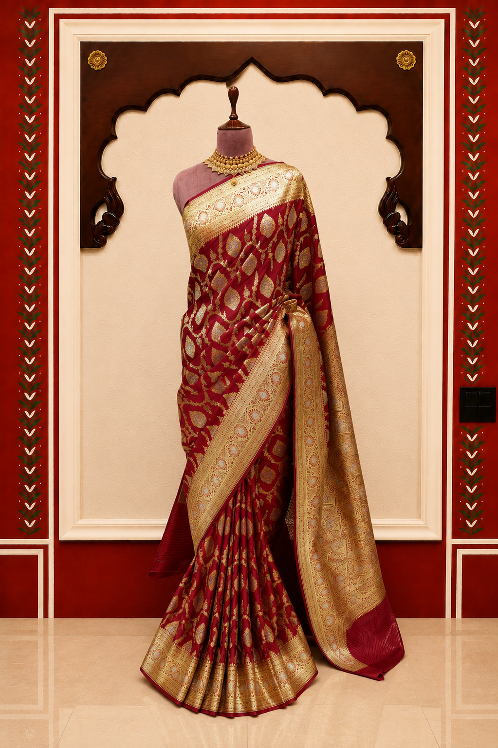 ZARTARI Handwoven Banarasi Silk Saree in Wine Red with Rich Gold Zari Floral Butti