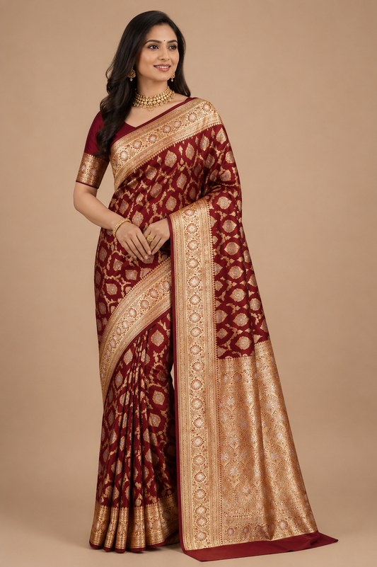 ZARTARI Handwoven Banarasi Silk Saree in Wine Red with Rich Gold Zari Floral Butti