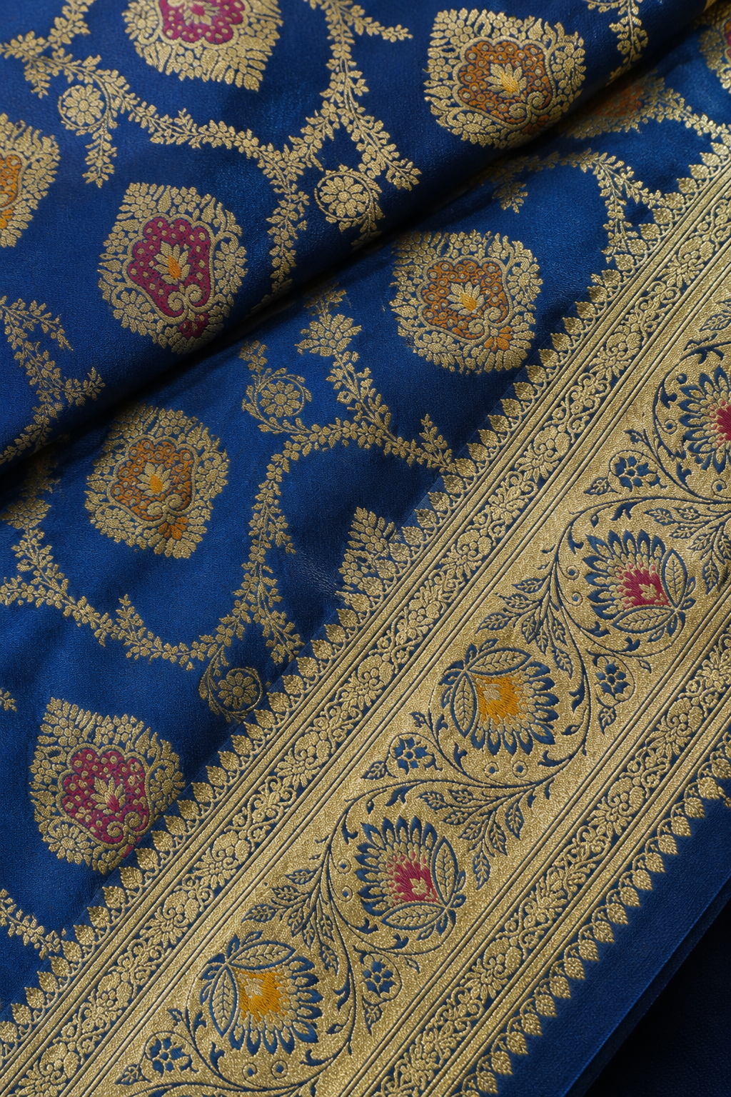 Zartari Handwoven Banarasi Silk Saree in Royal Blue with Rich Gold Zari Floral Butti