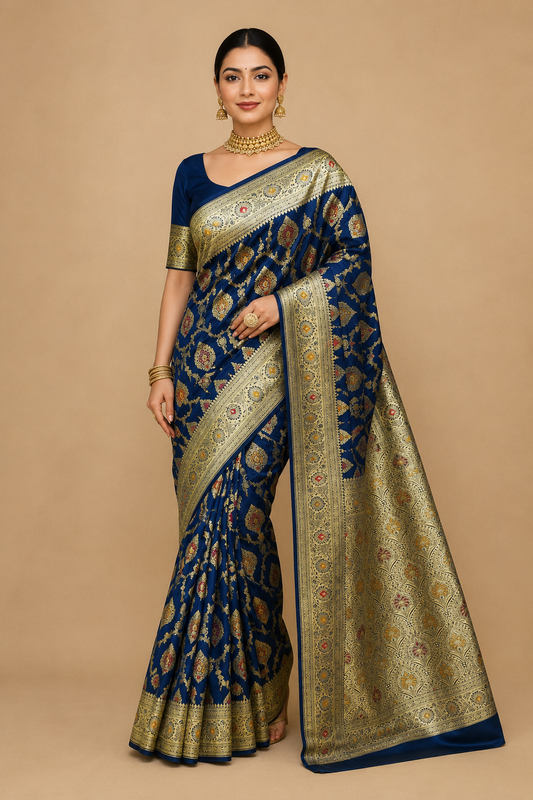 Zartari Handwoven Banarasi Silk Saree in Royal Blue with Rich Gold Zari Floral Butti