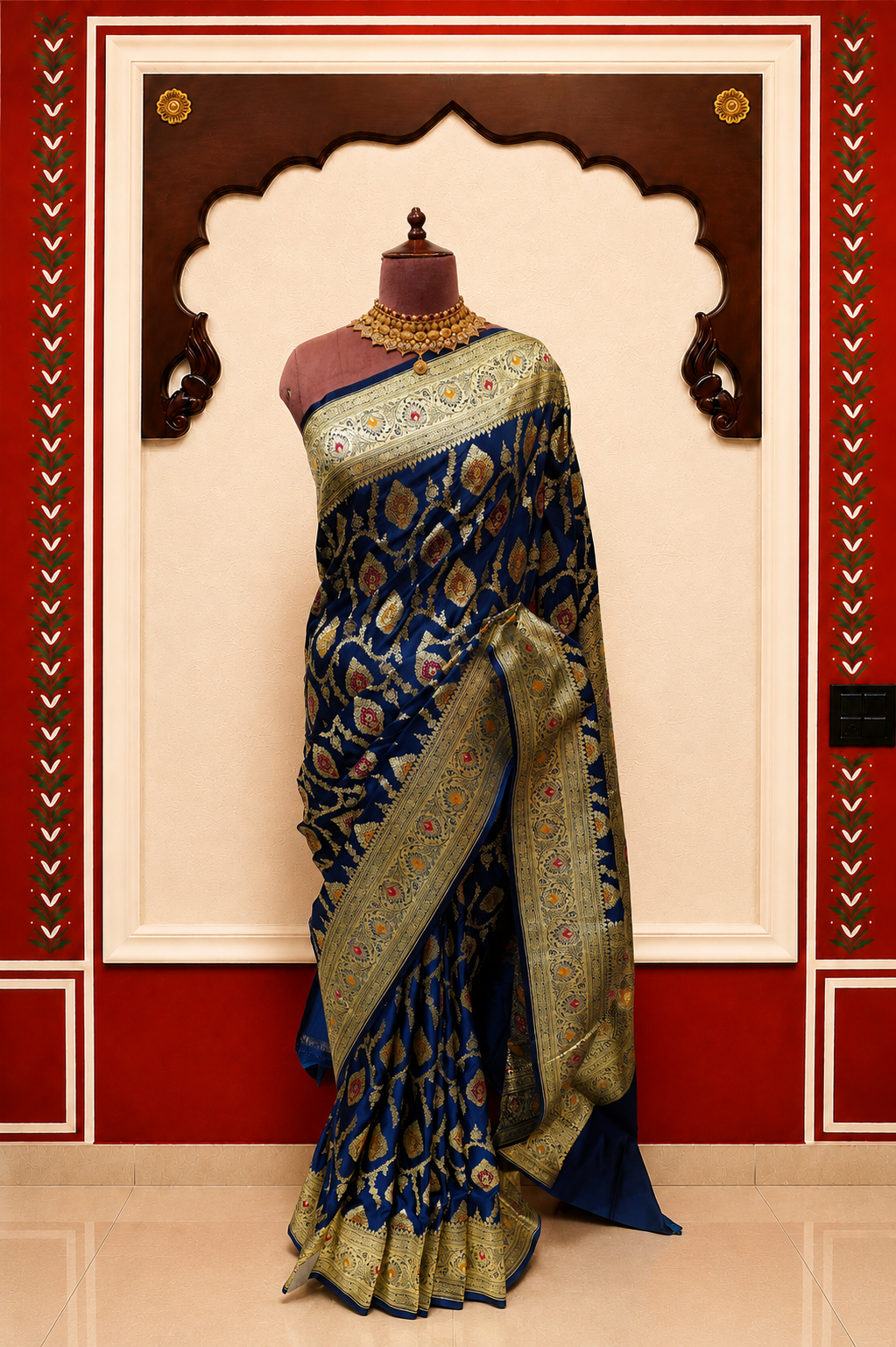 Zartari Handwoven Banarasi Silk Saree in Royal Blue with Rich Gold Zari Floral Butti