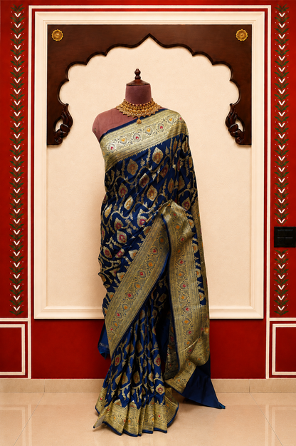 Banarasi Silk Saree in Royal Blue with Rich Gold Zari Floral Butti