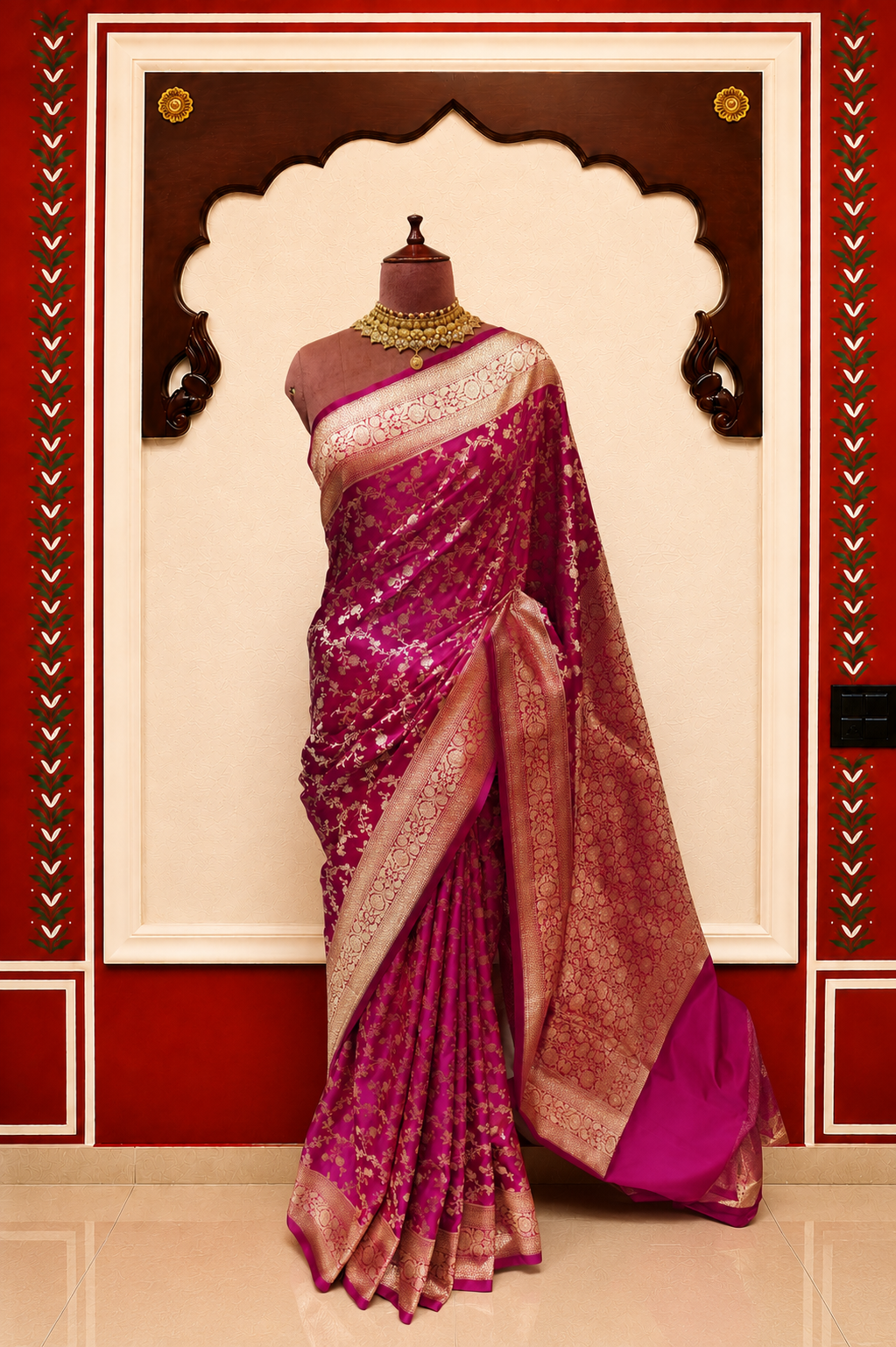Zartari Handwoven Banarasi Silk Saree in Rani Pink with Rich Gold Zari Floral Jaal