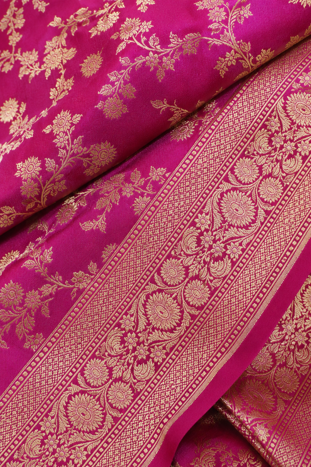 Zartari Handwoven Banarasi Silk Saree in Rani Pink with Rich Gold Zari Floral Jaal