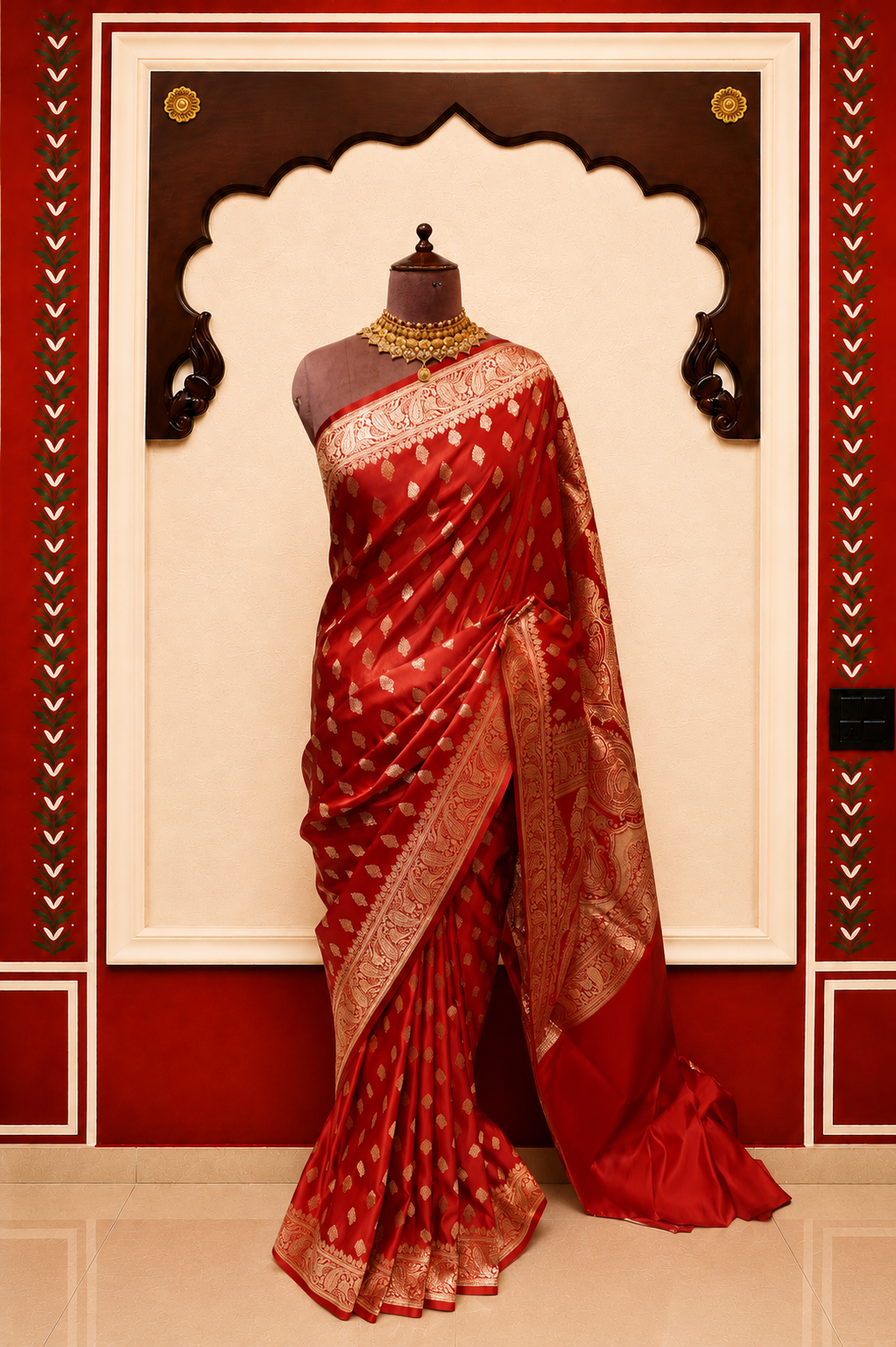 Zartari Handwoven Banarasi Silk Saree in Sindoor Red with Rich Gold Zari Butti