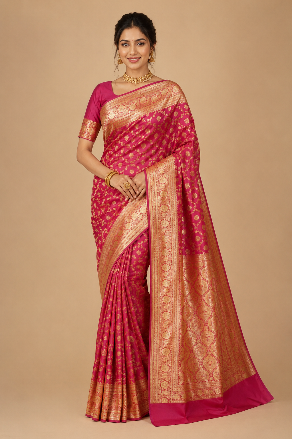 Zartari Handwoven Banarasi Silk Saree in Rose Pink with Rich Gold Zari Floral Butti