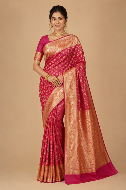 Banarasi Silk Saree in Rose Pink with Rich Gold Zari Floral Butti