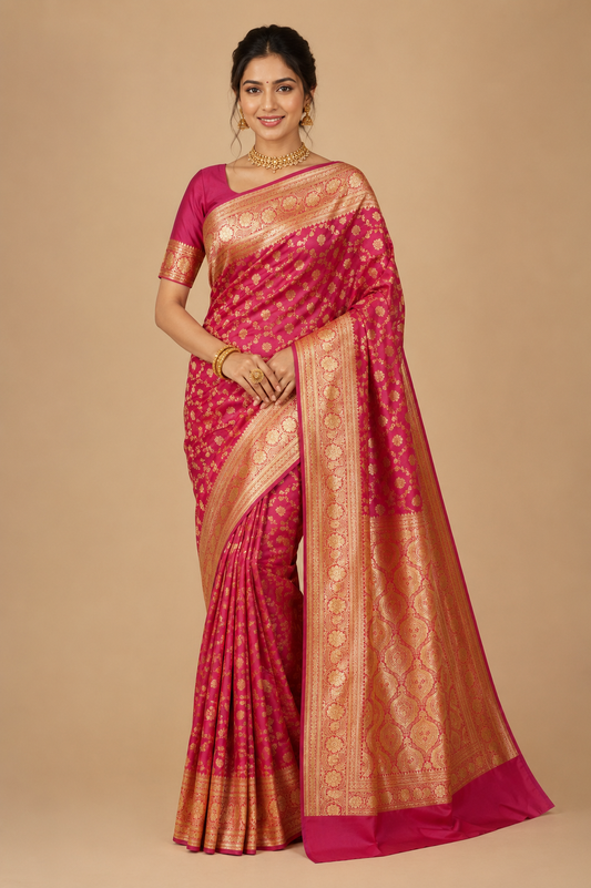 Zartari Handwoven Banarasi Silk Saree in Rose Pink with Rich Gold Zari Floral Butti