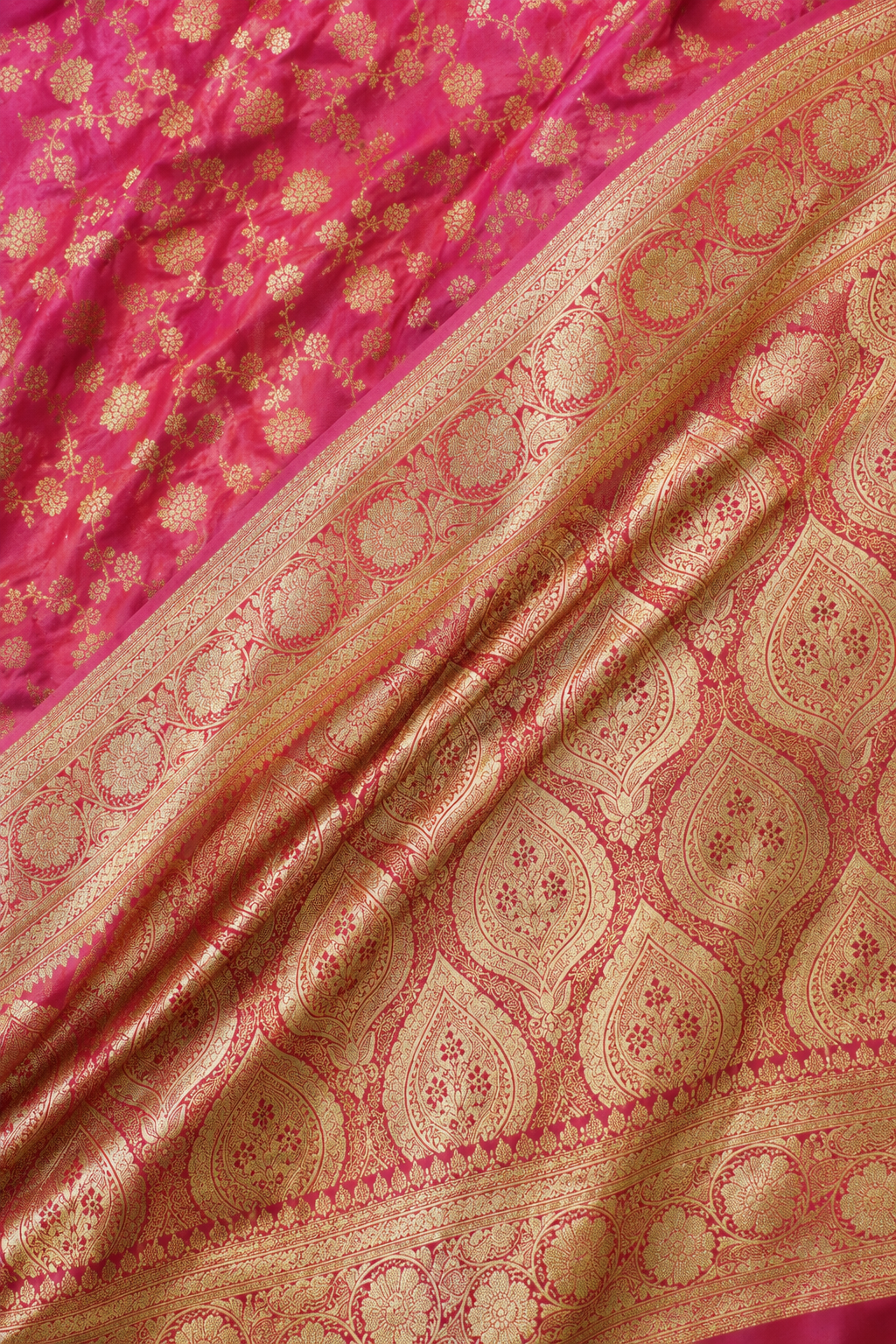 Zartari Handwoven Banarasi Silk Saree in Rose Pink with Rich Gold Zari Floral Butti