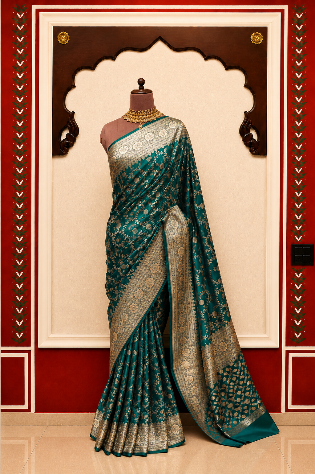 Zartari Handwoven Banarasi Silk Saree in Emerald Green with Rich Gold Zari Floral Jaal