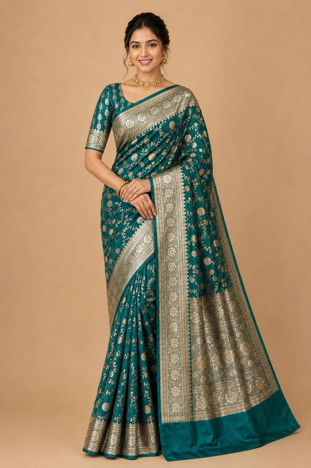 Zartari Handwoven Banarasi Silk Saree in Emerald Green with Rich Gold Zari Floral Jaal