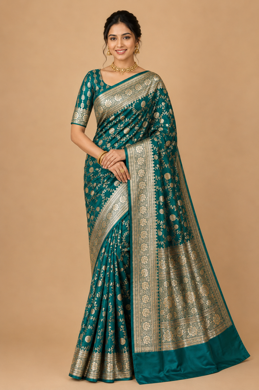 Zartari Handwoven Banarasi Silk Saree in Emerald Green with Rich Gold Zari Floral Jaal